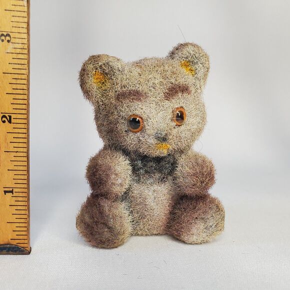 Twin Flocked Vintage Teddy Bear Fuzzy Hand Painted Made in Hong Kong - Picture 4 of 13
